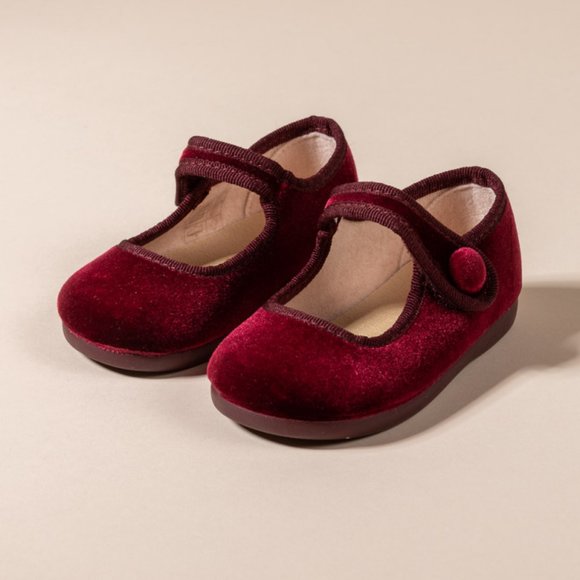 Dona Carmen MAROON VELVET LITTLE MARY JANE SHOES - Picture 1 of 2